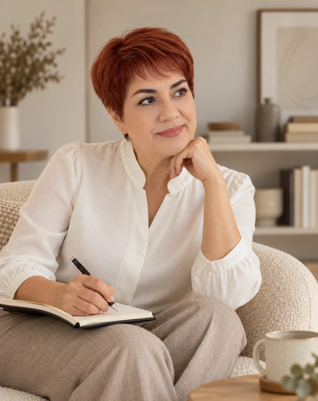 Andrea com um caderno em um ambiente tranquilo; cena ilustrativa